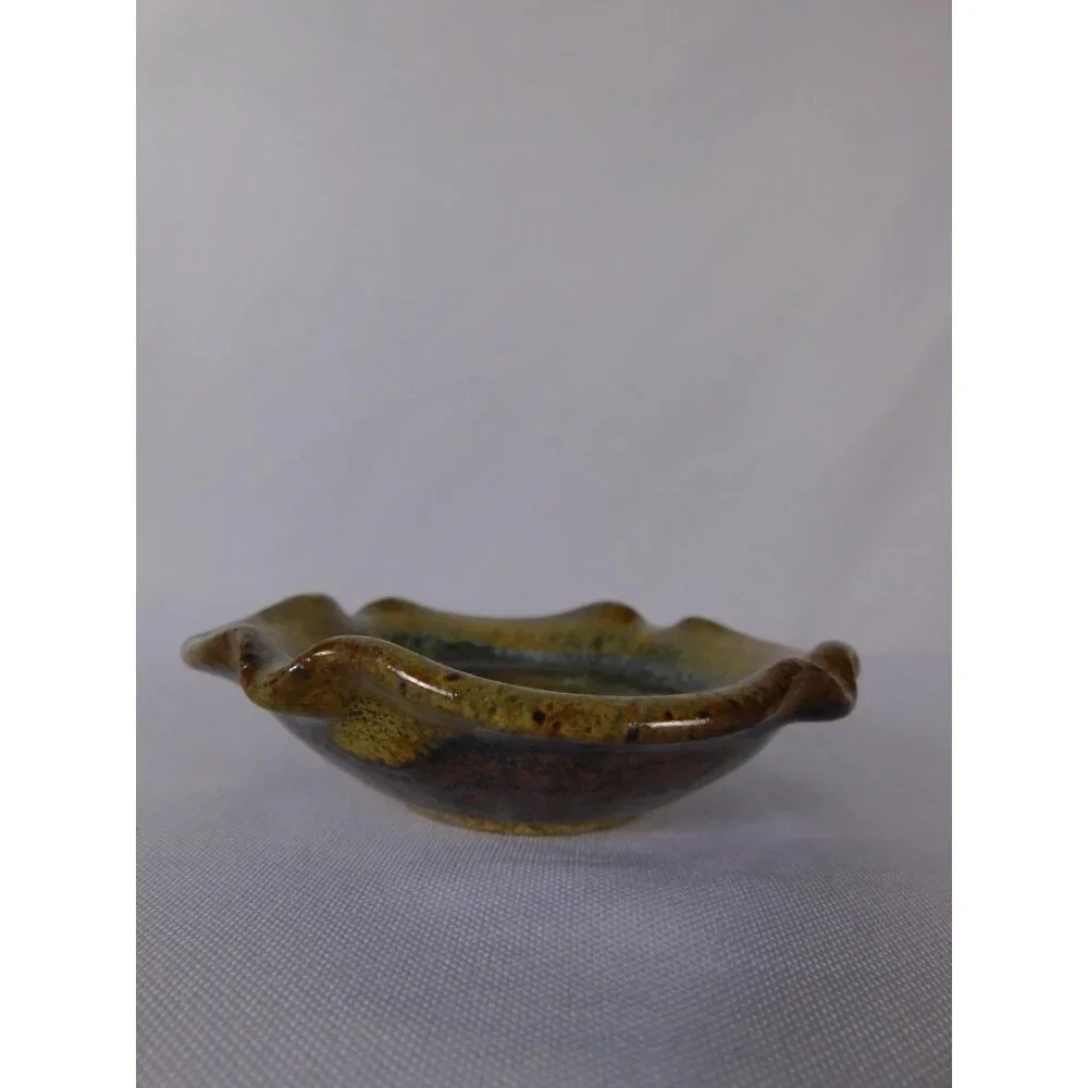 Vintage Crushed Glass Ceramic Ashtray Brown Green Multicolor Pottery Retro Decor